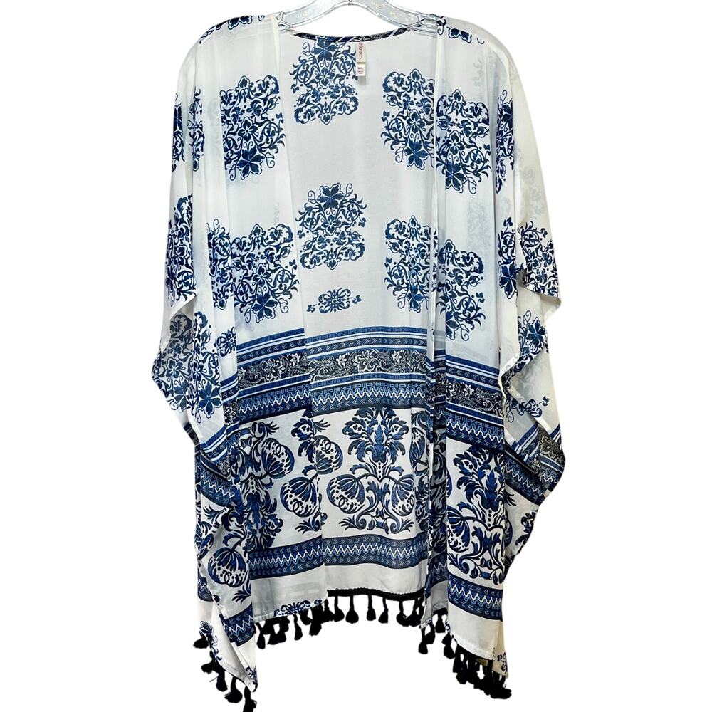 Xhilaration Blue White Sheer Kimono Beach Cover Up Women's Medium Large Tassels